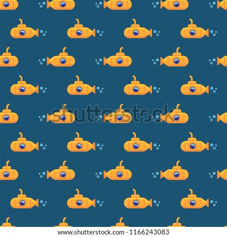 Pattern yellow submarine underwater in sea water. Seamless pattern yellow submarine floating under sea water on blue background