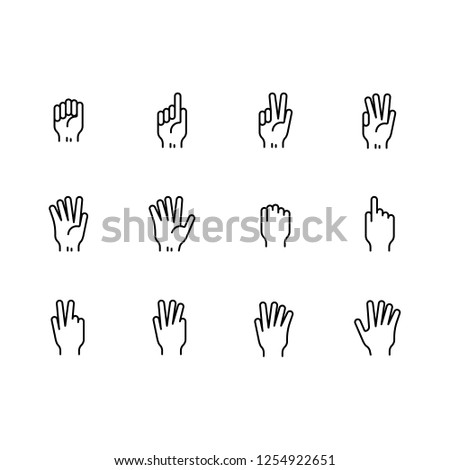 Simple set symbols hand and finger gesture line icon. Contains such icon hand palm, fist, index finger, thumb, victory gesture and other gestures