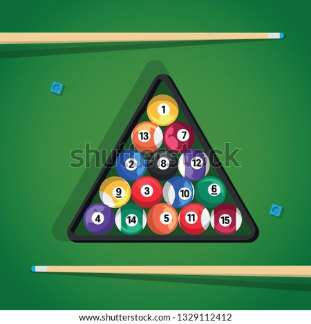 Billiard stick and pool balls in triangle on green table for game. Biliard balls, triangle and cue for game on green table top view