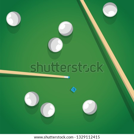 Pool stick and balls on green billiard table while game. Biliard balls and cue for pool game on green table top view