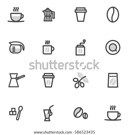 set of vector icons of coffee and accessories for brewing coffee on a light background.
