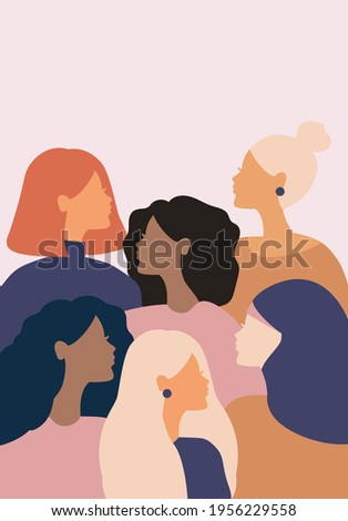 woman social network community. group of multi ethnic racial women who talk and share ideas, information. communication and friendship between women of diverse cultures. vector female silhouette