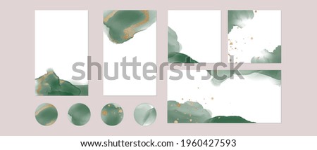 Instagram social media highlights, story post feed background template. vector watercolor green gold layouts with copy space for text for banner. abstract, luxury texture for beauty, fashion, make up