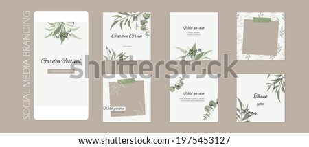 abstract Instagram story post feed background, web banner template with copy space. green floral sketch spring herb layout mock up. for beauty, jewelry, skin care, wedding, makeup, food, restaurant