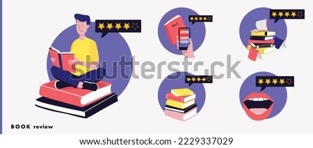 icon set of book review, reader recommendation, e book feedback, publishing review. illustration of book pile, man reading a book, speech bubble with stars 