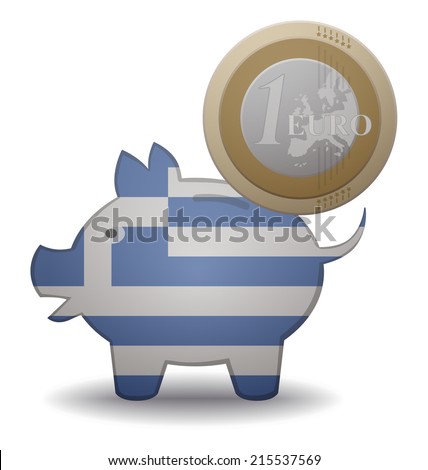 illustration of a euro coin going into a piggy bank with the flag of Greece