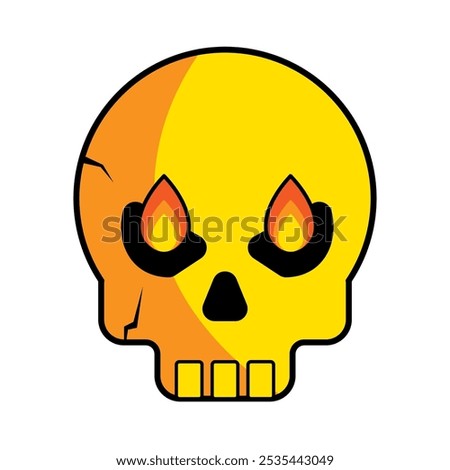 Yellow skull animation with fiery eyes, spooky Halloween design, horrorthemed graphic, piratethemed projects, tattoo designs, rock or metal band merchandise.