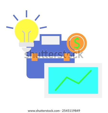 Lightbulb, briefcase, dollar coin, graph symbolize business success. Perfect for presentations, financial websites, marketing content, and business articles.