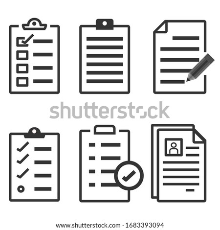 Set of record checklist paper. Business work check and resume document icon. Premium thin line vector illustrator