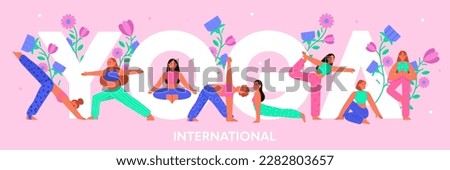 Yoga day. girls do yoga. Spiritual meditation, asanas. Flat vector illustration
