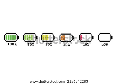 Different Battery charge level.Pixel art 8-bit