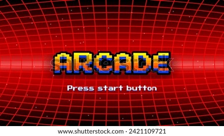 ARCADE PRESS START BUTTON.pixel art .8 bit game.retro game. for game assets in vector illustrations.Retro Futurism Sci-Fi Background. glowing neon grid.and stars from vintage arcade comp