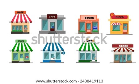 Set of vector shop buildings isolated on white background.