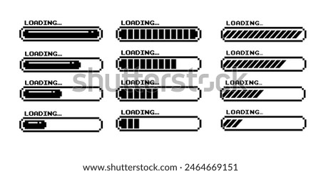 Pixel art 8-bit loading bar concept. Loading icons set.Load bar collection. loading icons on white background.