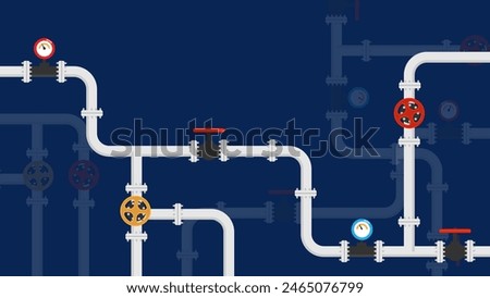 Industrial background with pipeline. Oil, water or gas pipeline with fittings and valves	