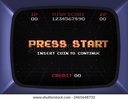 PRESS START INSERT A COIN TO CONTINUE .pixel art .8 bit game.retro game. for game assets in vector illustrations.Retro Futurism Sci-Fi Background. glowing neon grid.and stars from vintage arcade comp