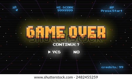 Game over continue.pixel art .8 bit game.retro game. for game assets in vector illustrations.Retro Futurism Sci-Fi Background.