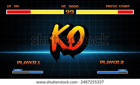 Ko,knockout retro game on blue arcade background .pixel art .8 bit game.arcade screen.retro game. for game assets in vector illustrations.