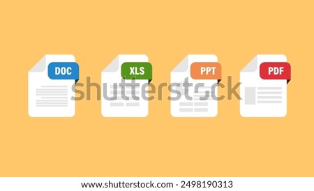 File format extensions. doc, xls, ppt, pdf file format document icons.