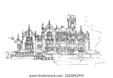 Oakley Court hotel line drawing, illustration. Stately home, mansion, country house isolated vector.
