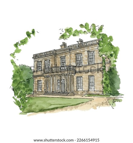 Georgian English country house. Wedding venue, stone, estate, mansion, foliage. Watercolor sketch illustration. Isolated vector.