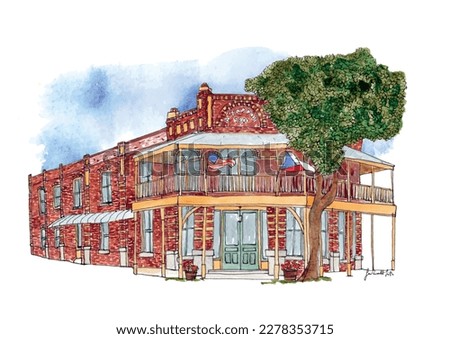 Red brick porch store shop building. Victorian old architecture. Watercolor sketch illustration.