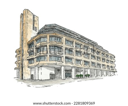 Office building, London, New Street, modern architecture, city. Watercolour sketch illustration. Isolated vector, 