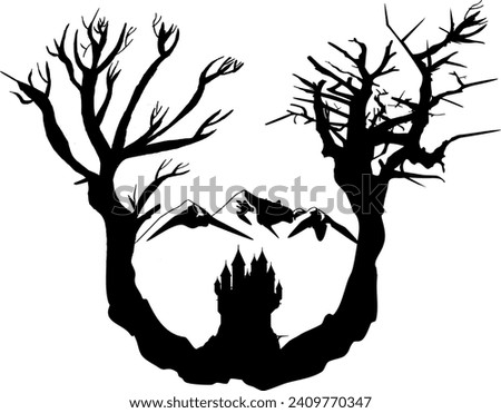 Surreal vector silhouette - fantasy landscape with floating trees, castle and mountains