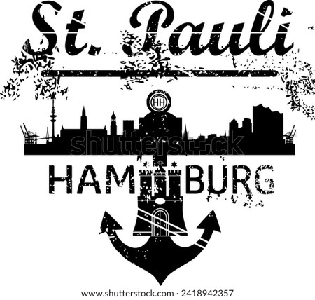 Grunge vector silhouette- Hamburg St. Pauli - anchor and city skyline - lettering