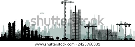 Vector silhouettes construction industry - building hall construction site with construction crane and forklift - construction project silhouettes city, refinery and industry