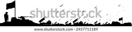 Vector silhouette air defense - missile system - fire control post for defense against missiles, drones, aircraft, cruise missiles and ballistic missiles - soldier in camp