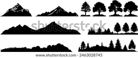 Set of vector nature silhouettes - mountains, trees, mountains and glaciers - design elements - mountain ranges, hills and forests