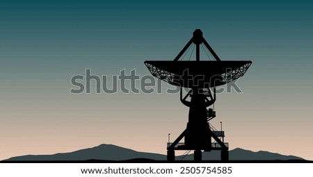 Vector Silhouette - Radio telescope with parabolic mirror for monitoring signals and radio frequencies in space - Science and Astronomy