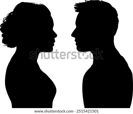 Vector profile silhouette head of man and woman - Closeness and affection - Partnership and date - Upper body from the side - Looking each other in the eye