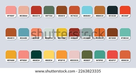 Set Of Retro Color Palette Catalog Sample With RGB HEX Codes Isolated In Seperate Groups For Ui Design, Fashion, Interior And Website Designing. Vector Graphics.