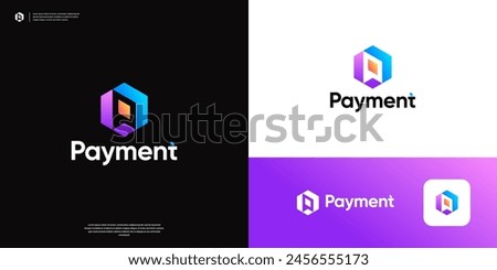 Colorful letter P payment with abstract arrow symbol transfer logo design.