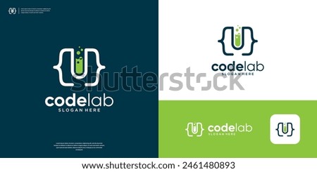 Code lab logo design inspiration. Combination of glass laboratory with code symbols logo.