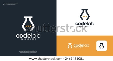 Simple coding symbol with abstract glass lab logo design template.