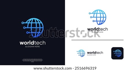 World tech logo template. Modern global globe symbol with dot connection logo.