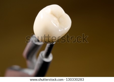 ceramic dental crown, tweezers (diagonal)