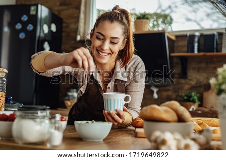 Similar – Image, Stock Photo Woman seasoning food with salt