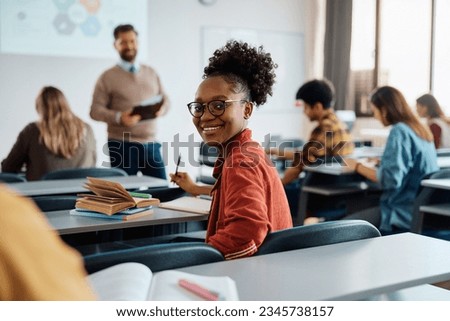 Similar – Image, Stock Photo Happy African American female taking selfie near sea