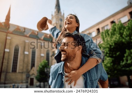 Similar – Image, Stock Photo Couple of travelers on hill in mountains