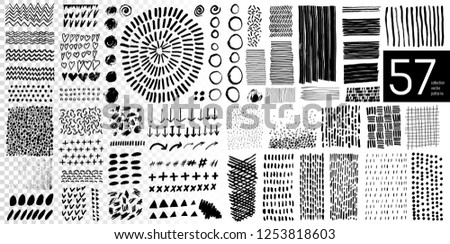 Vector set of black design elements and textures isolated on white background. Black ink, stains, splatters, spray. Triangles, waves, ovals, hearts, strokes, frames, arrows, patterns for banner.