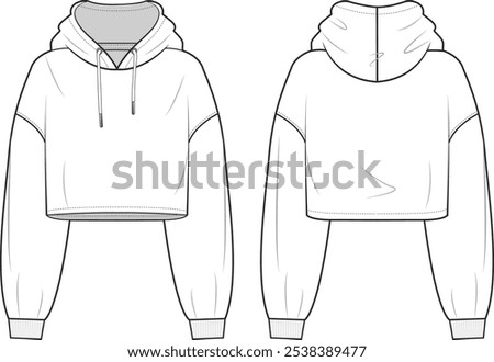 Crop hoodie flat drawing technical sketch. long-sleeve hooded sweatshirt outfit design vector illustration. Fashion CAD drawing mock up design for garment, apparel template.