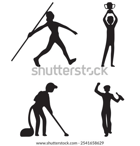 silhouette of a person exercising. a silhouette of a man and a broom with a picture of a man working with tools.