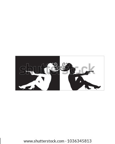 Girl with a gun.Black and White color of silhouette.