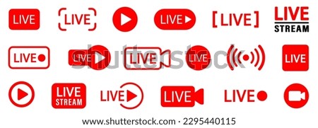 Live streaming icons. TV, news, movies, shows. Red symbols and buttons of live streaming. Streaming, broadcasting, online stream.