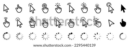 Computer mouse click cursor. Load symbol. Pointer cursor and loading icon. Cursors icons click set. Clicking cursor, pointing hand clicks icons.