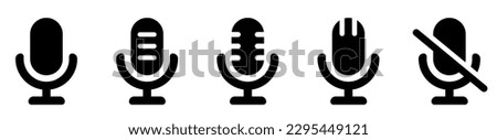 Microphone icons set. Mute and unmute audio microphone. Web and mobile microphone. Different microphones.